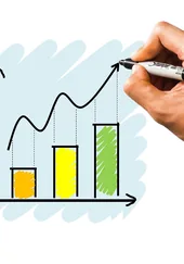 A hand drawing a rising bar and line chart with a marker