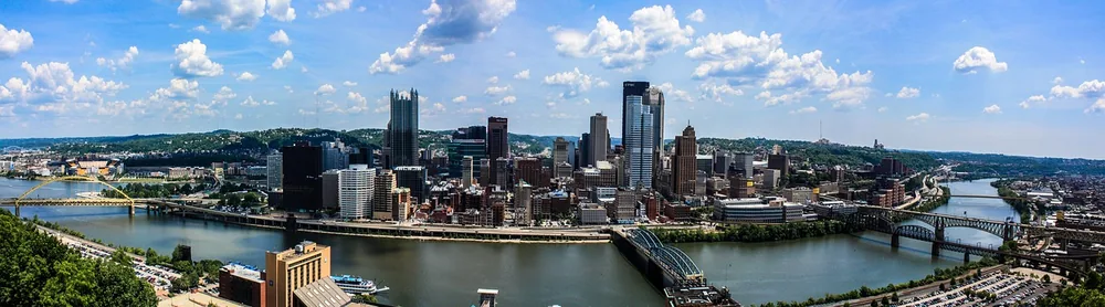 Aerial view of downtown Pittsburgh where its rivers meet